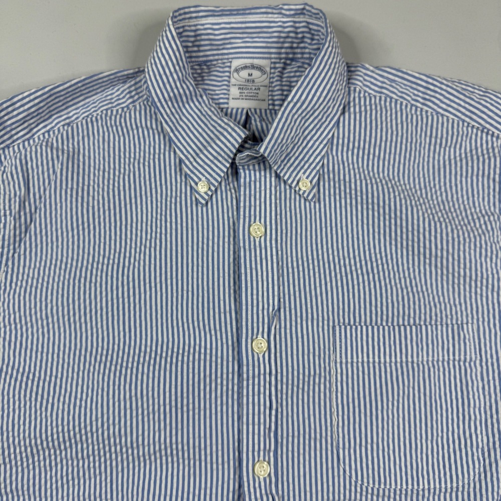 Brooks Brothers Button Down Shirt Mens Medium Blue White Seersucker Short Sleeve